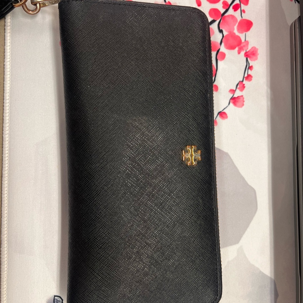 Tory Burch Black Wallet with Gold Emblem
